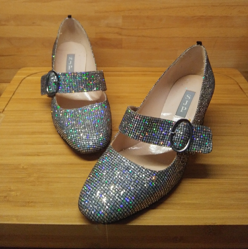 SJP Holographic Glitter Mary-Jane Block Heels